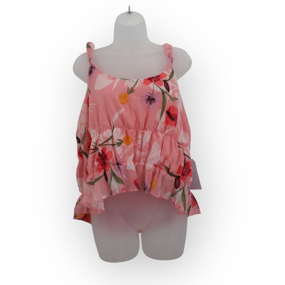Leith Womens 3X Pink Square Neck Elastic Strap Floral Ruffle Crop Tank Top NWT